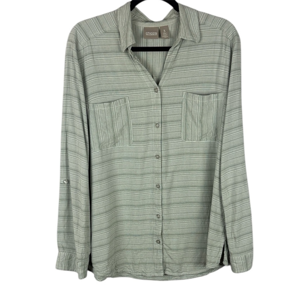 Chico's Casual Gray Striped Roll Up Sleeve Button-Up Blouse Size 3